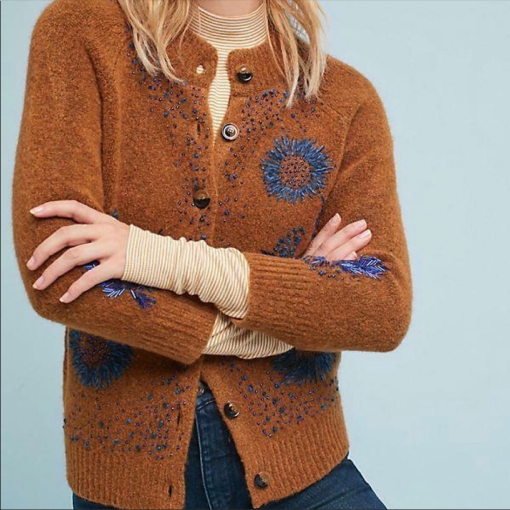Anthropologie Field Flower Golden Grove Cardigan sweater embroidered beaded XS
